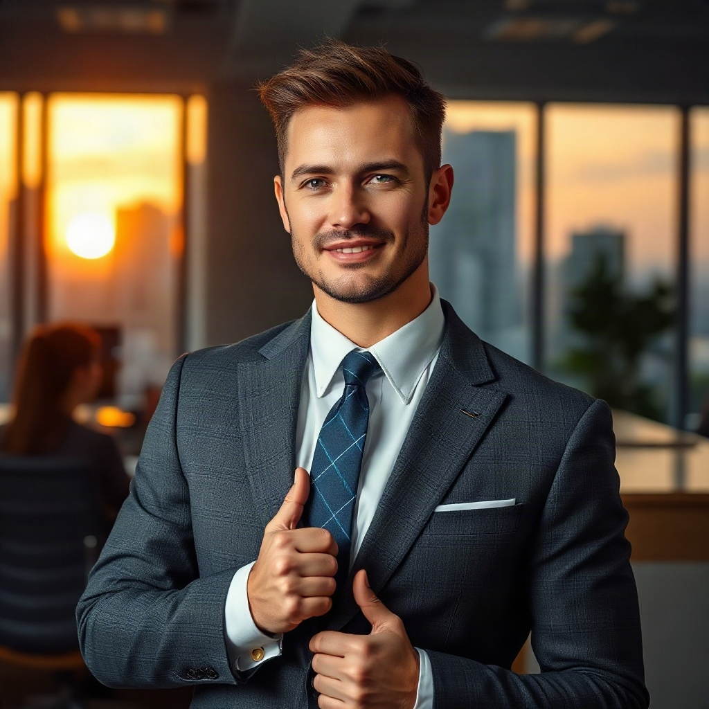 focused male executive in high-end office, sunset lighting, sharp suit, confident expression