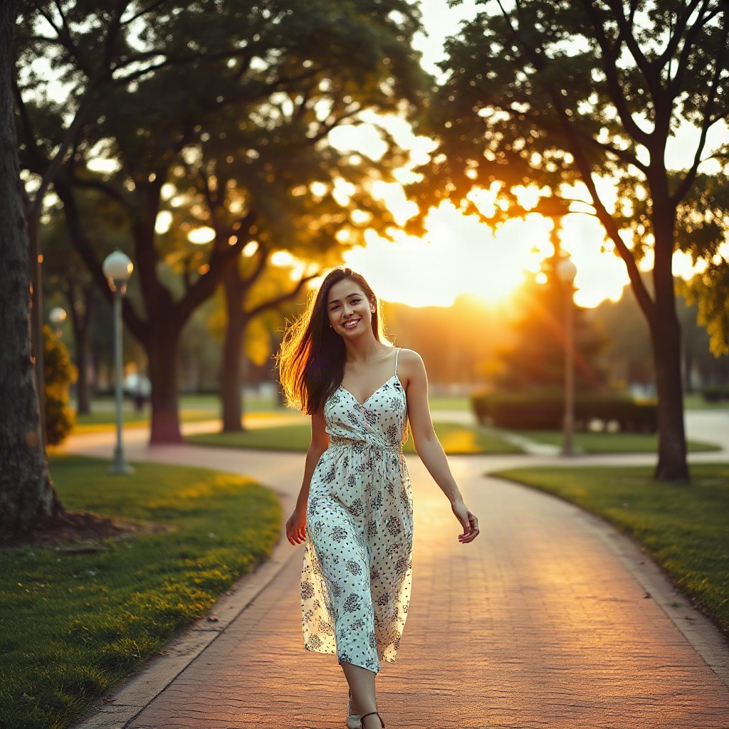 Happy carefree woman walking in a park, sunset lighting, high fashion style photography