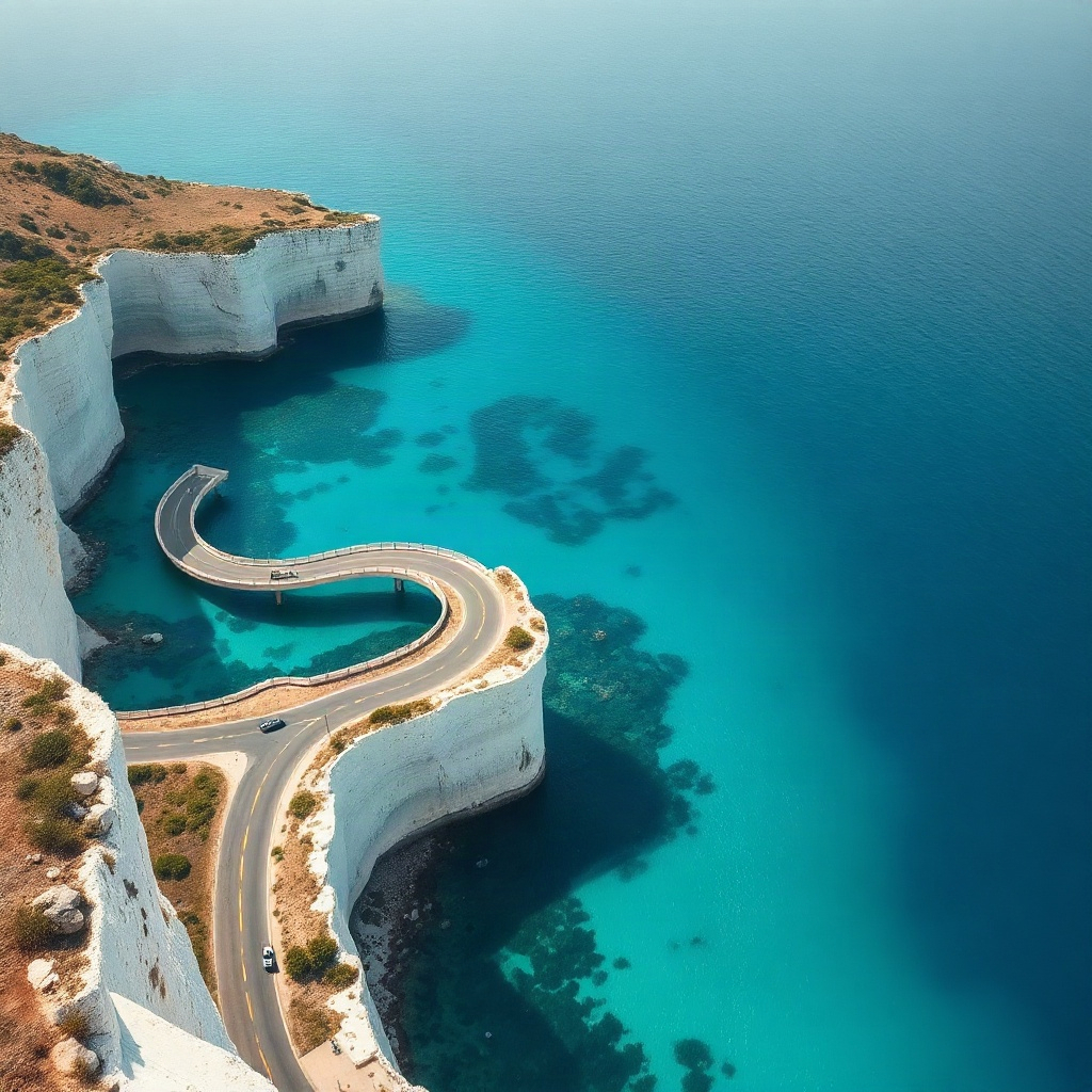 top view of a coastal road winding along white cliffs and turquoise water, bright daylight