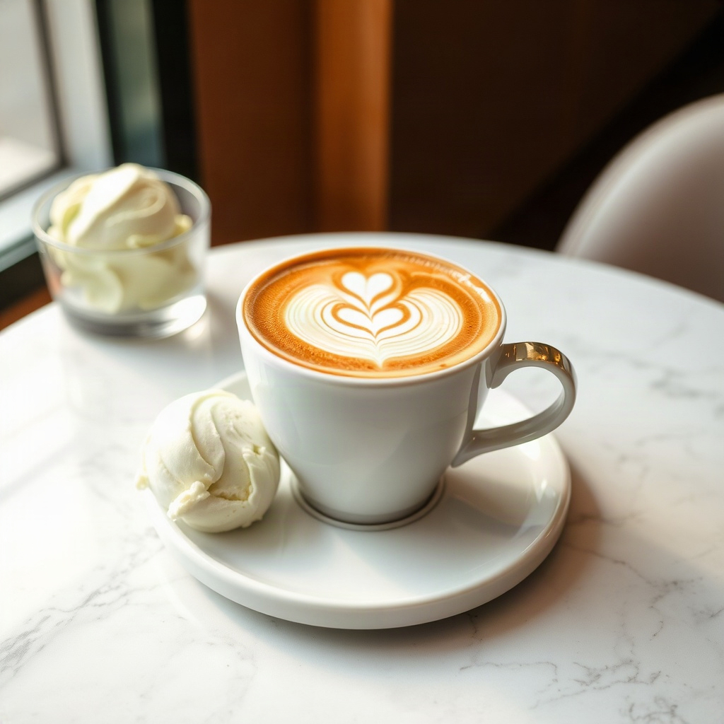 A latte with detailed foam art on a marble table beside a scoop of pistachio ice cream