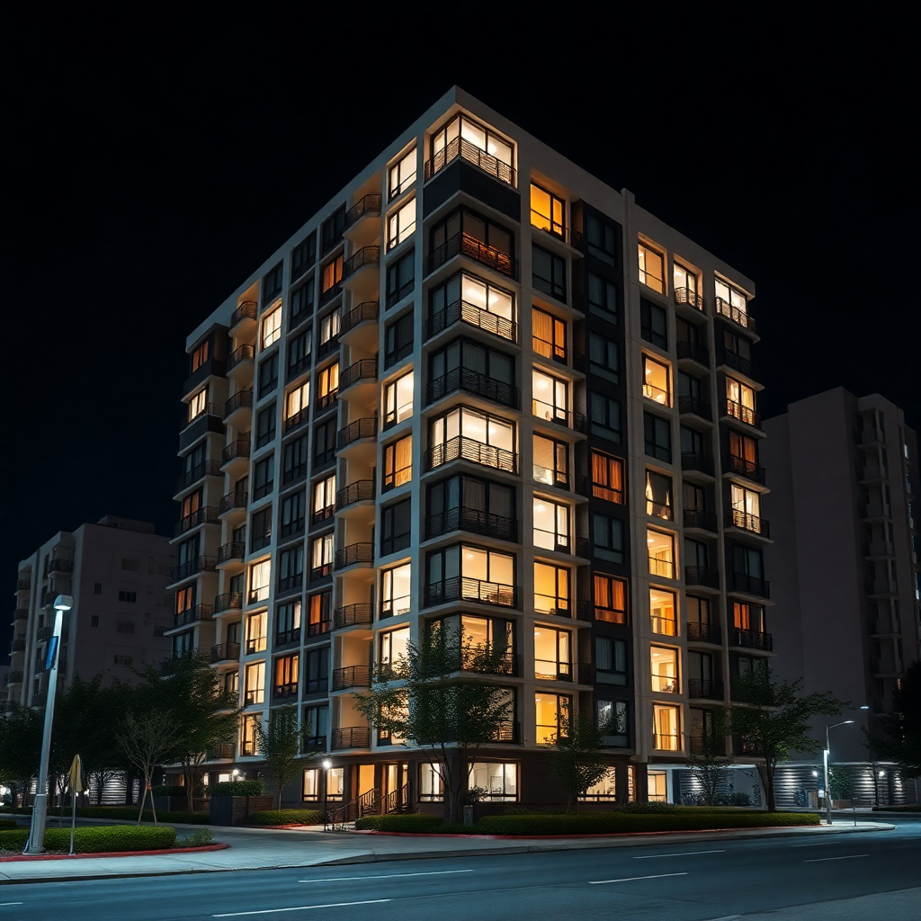 modern residential apartment building exterior at night with illuminated windows, architectural phot