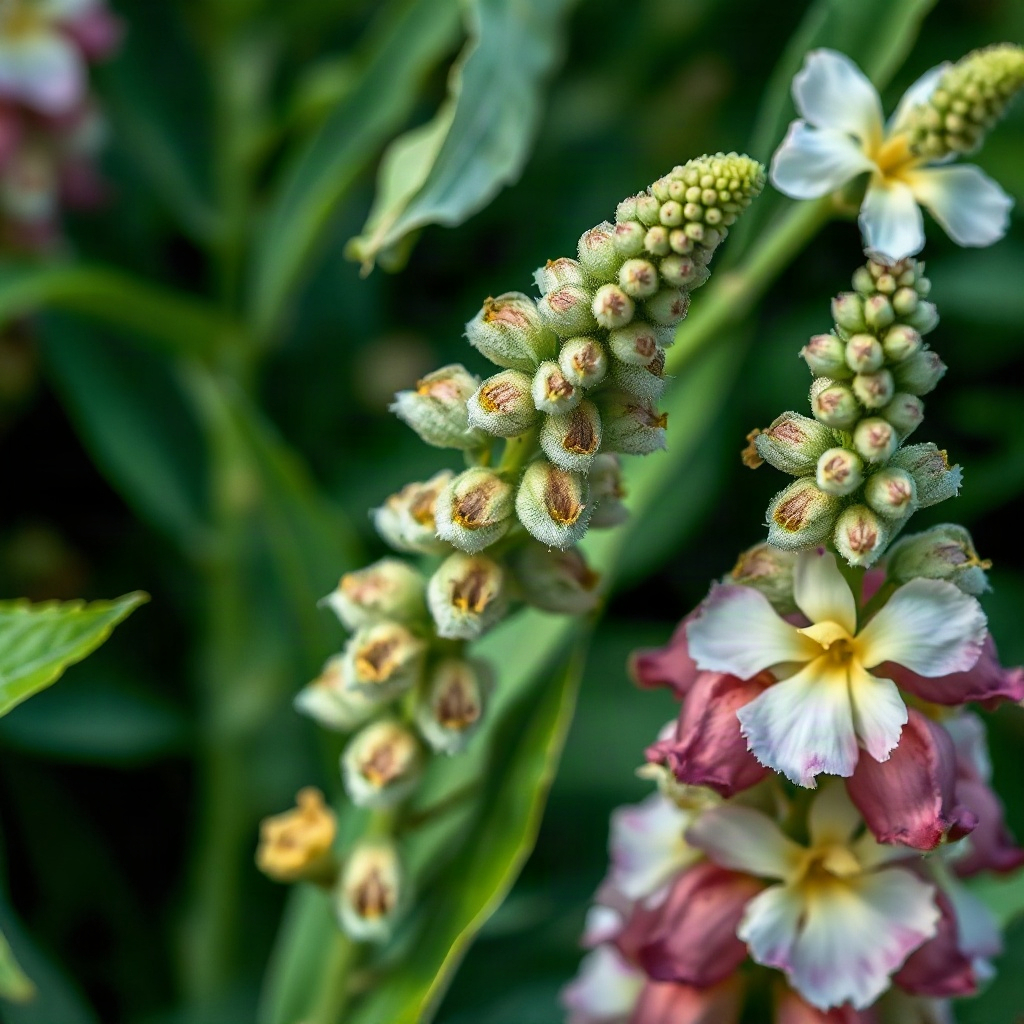 fresh mullein leaves and flowers close up, natural botanical
photography, soft daylight, green and p