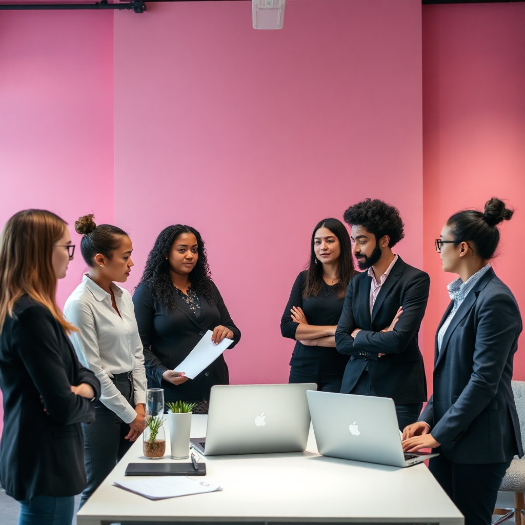 group of diverse business students in discussion, creative workspace, vibrant pink background