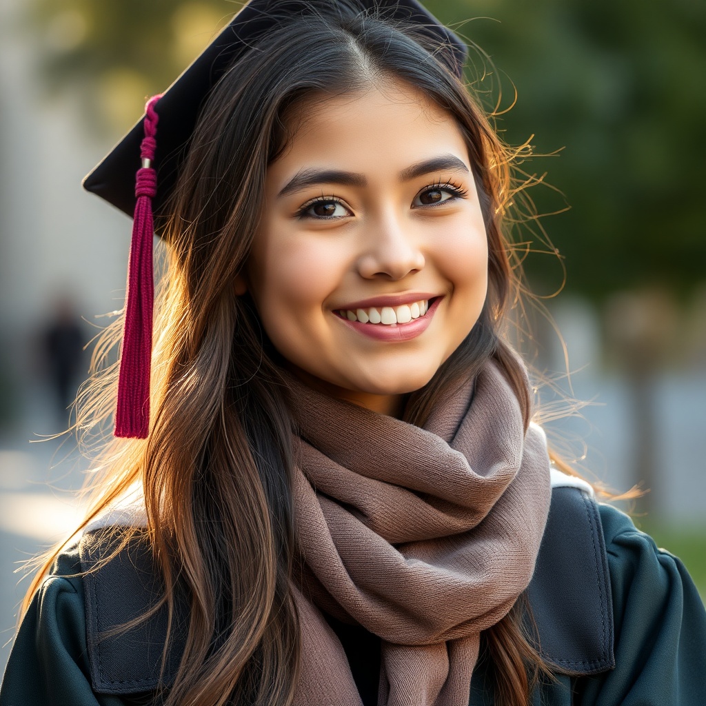 portrait of a young woman student, soft natural light, hopeful expression