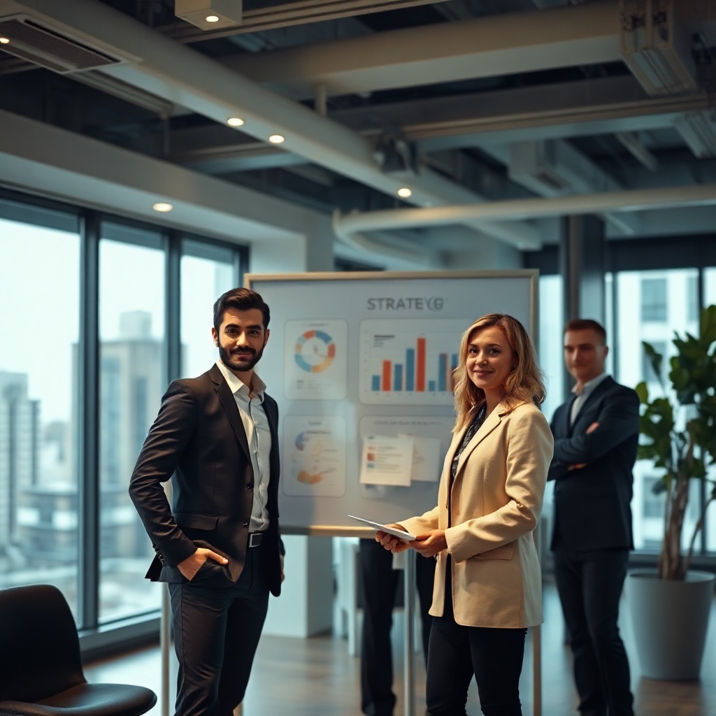 professional team in a bright modern office presenting strategy on a glass board, cinematic lighting