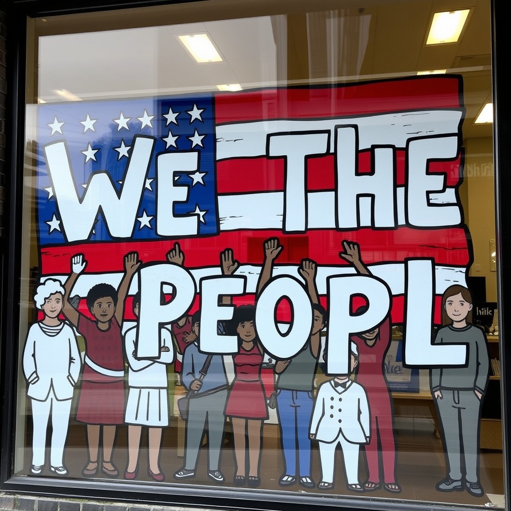 We The People american flag community mural coffee shop window art democracy rights