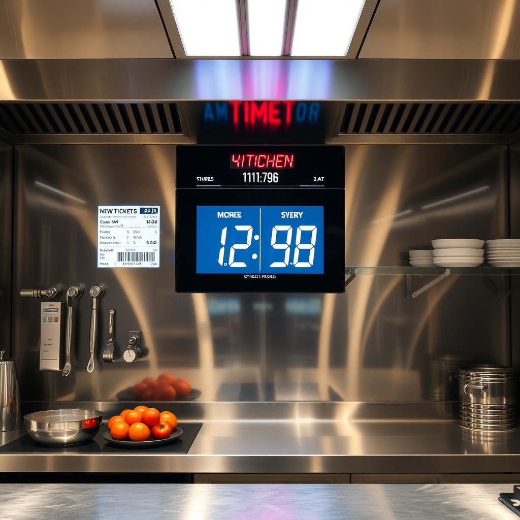 Kitchen display screen lighting up with new tickets and prep timers, busy professional stainless ste