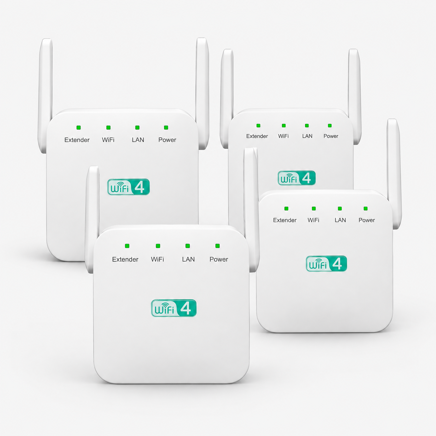 Four NetBoost Pro WiFi extenders arranged in a row