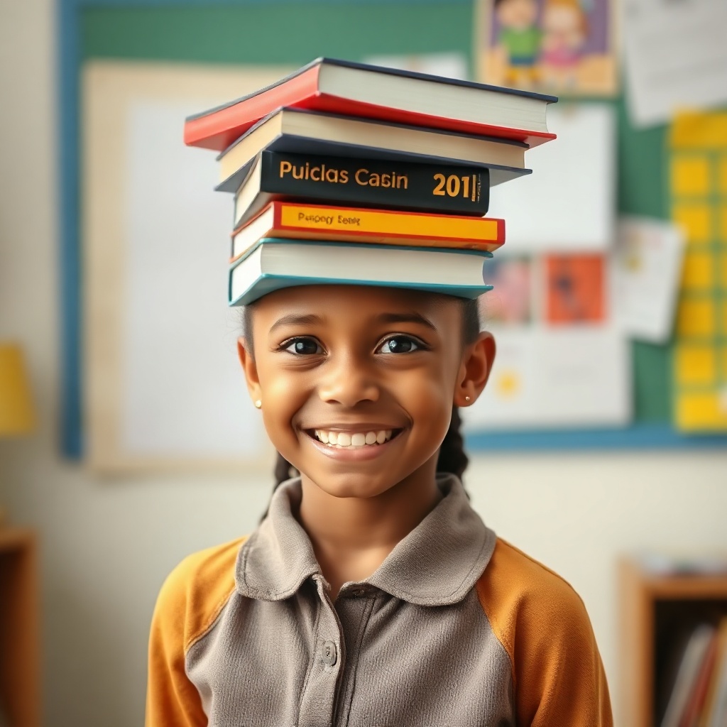 a smiling young girl holding a stack of books on her head, educational setting, bright colors