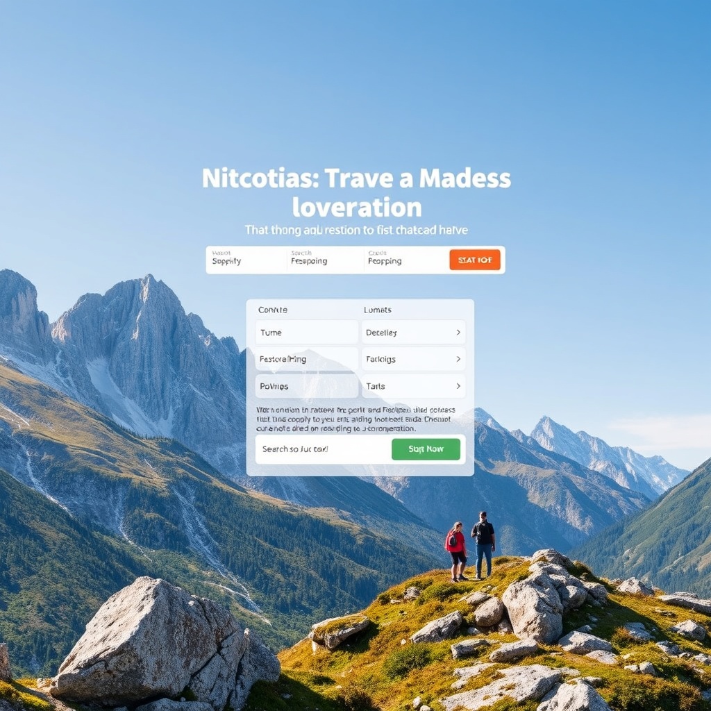 travel booking website landing page, high-quality mountain and adventure photography, clean search U