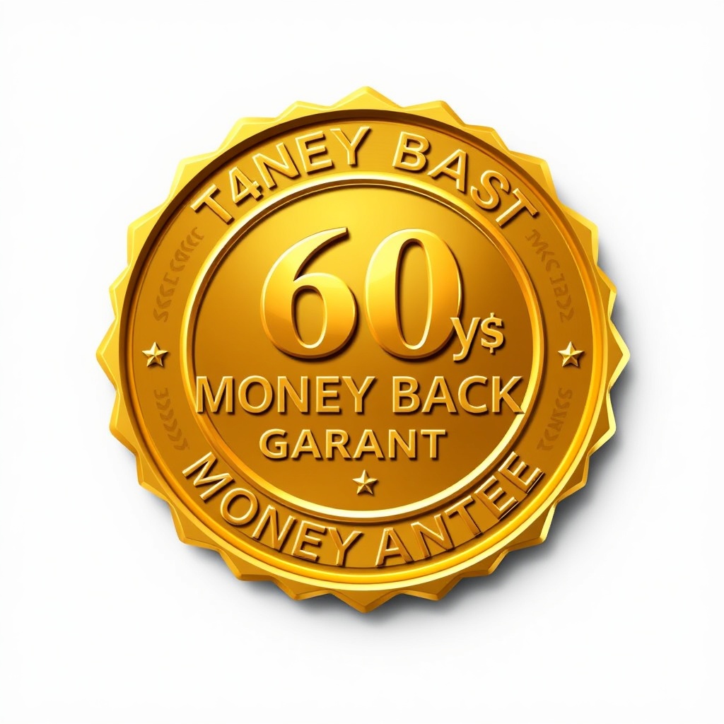 Elegant golden guarantee seal badge, 60 days money back guarantee, premium embossed texture, 3D effe