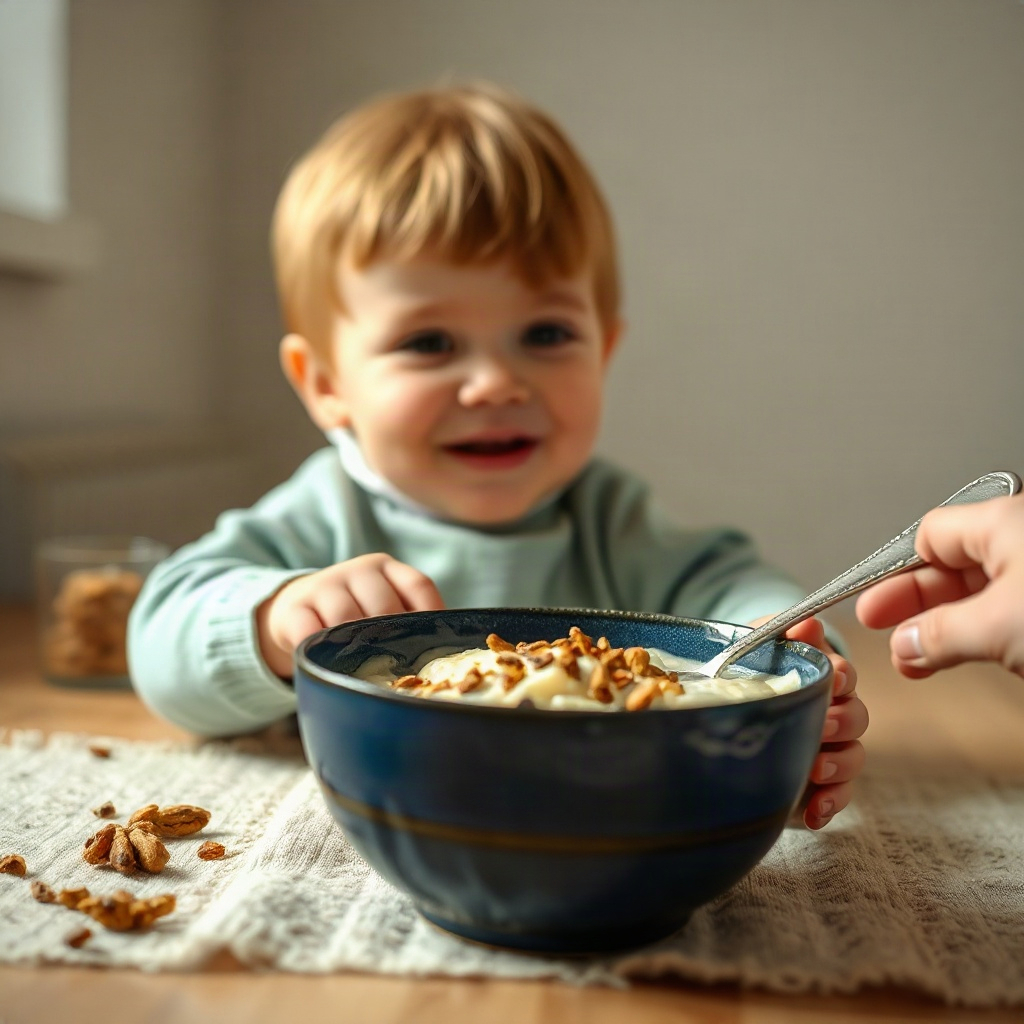 a healthy bowl of fortified porridge for a child, nutritious and warm, soft lighting