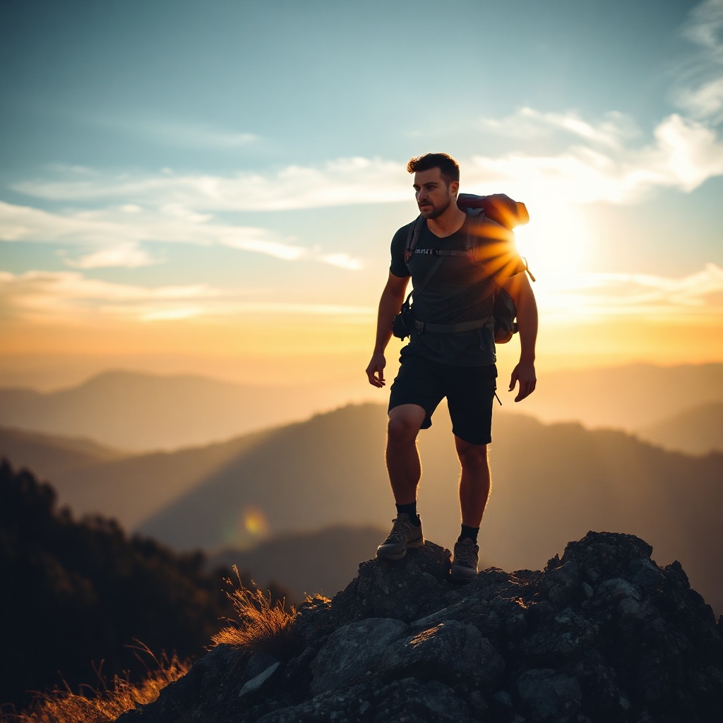 man hiking a mountain ridge at sunrise, strong and determined, dramatic natural light