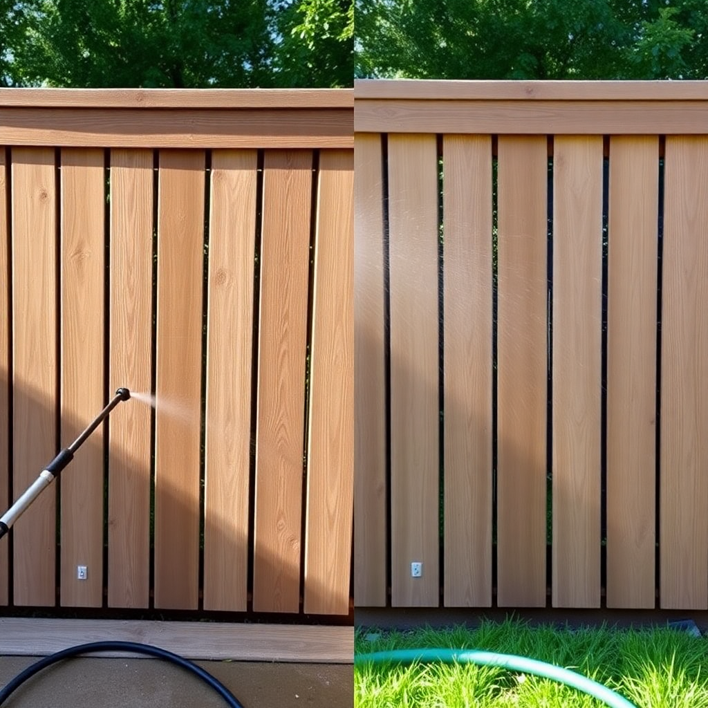 side-by-side comparison photo: left side shows a pristine wood deck panel being blasted clean by a p