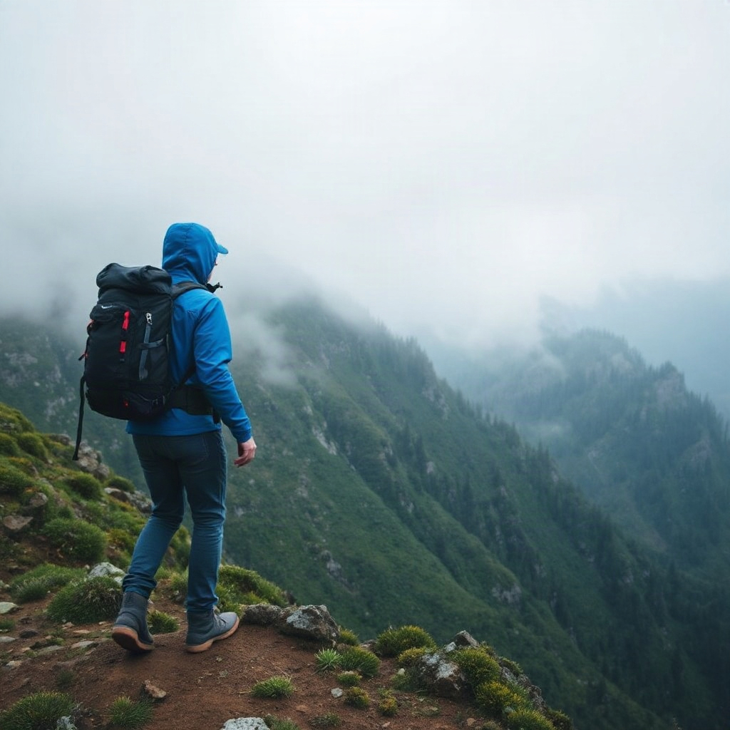 adventurous hiker with blue jacket in misty mountains, wide landscape shot