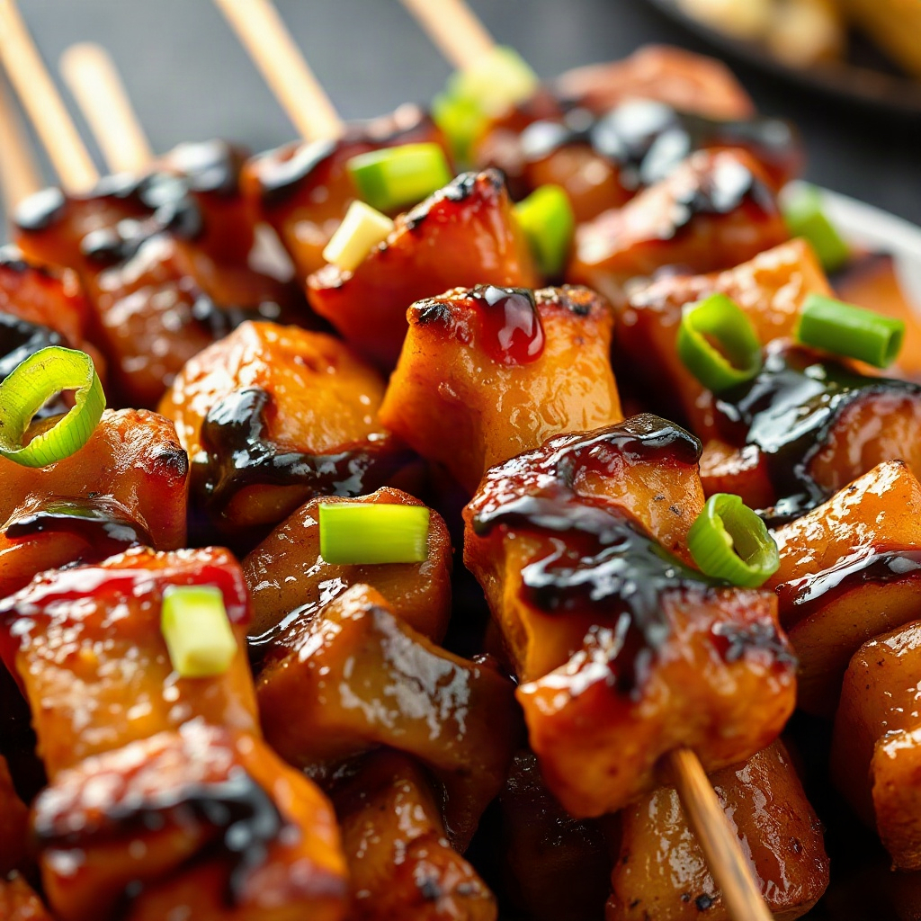 grilled yakitori skewers with green onions, glossy tare sauce, close up