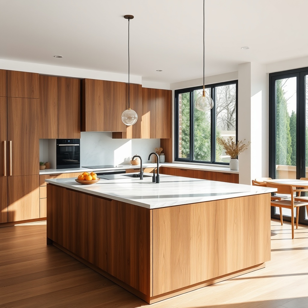 Modern minimal kitchen island with sustainable wood finishes and marble top, large windows with natu