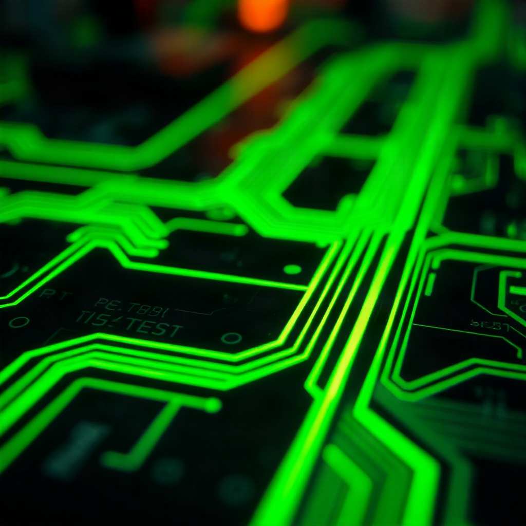 close up of glowing circuit board with neon green lines, high tech aesthetic, sharp focus, cinematic