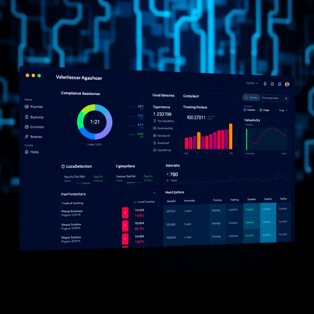 cybersecurity dashboard dark UI, real-time vulnerability scanner interface, compliance monitoring wi