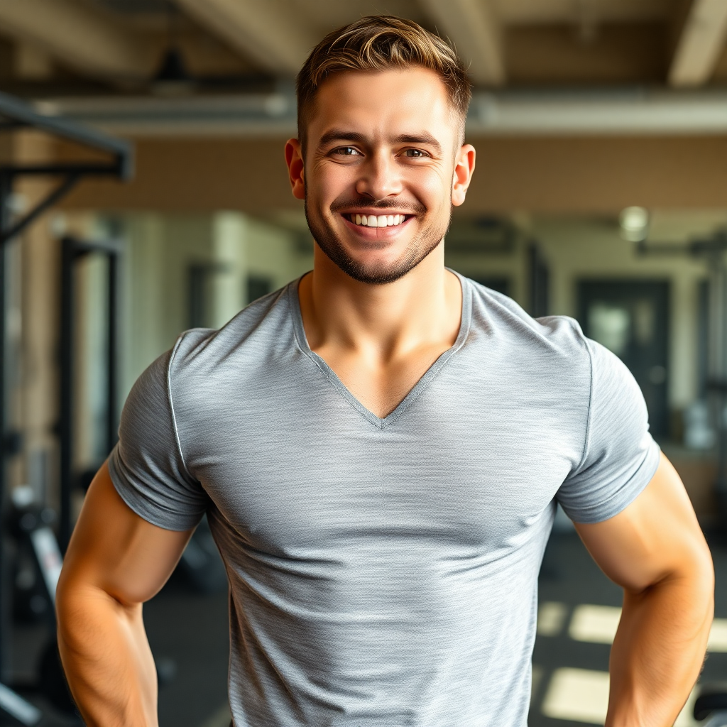 confident young man healthy athletic body fitness success, man in fitted shirt smiling, natural gym 