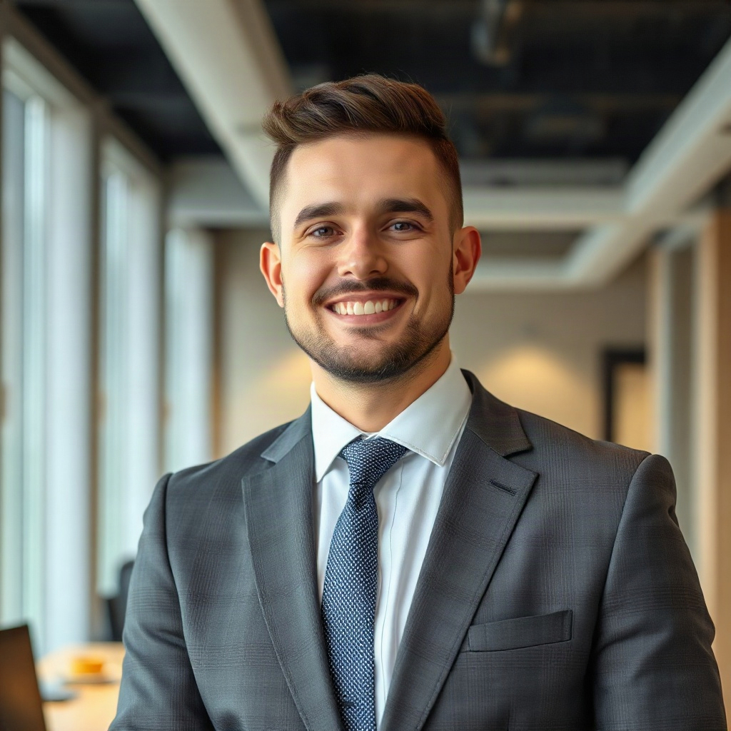 professional man in tailored suit, modern office background, successful confident expression, editor