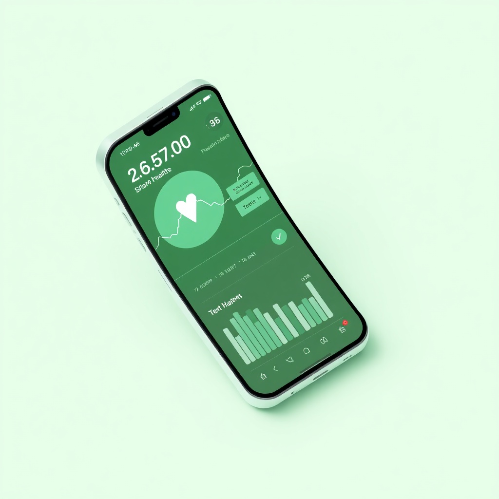 modern clean medical mobile app interface showing health statistics and charts, soft green and white