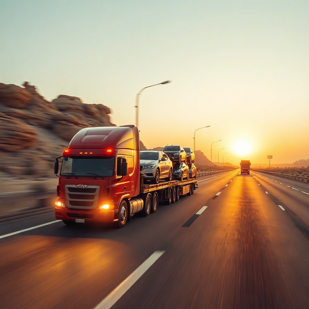 multi-car transporter truck speeding along an open desert highway at golden hour, dynamic motion blu