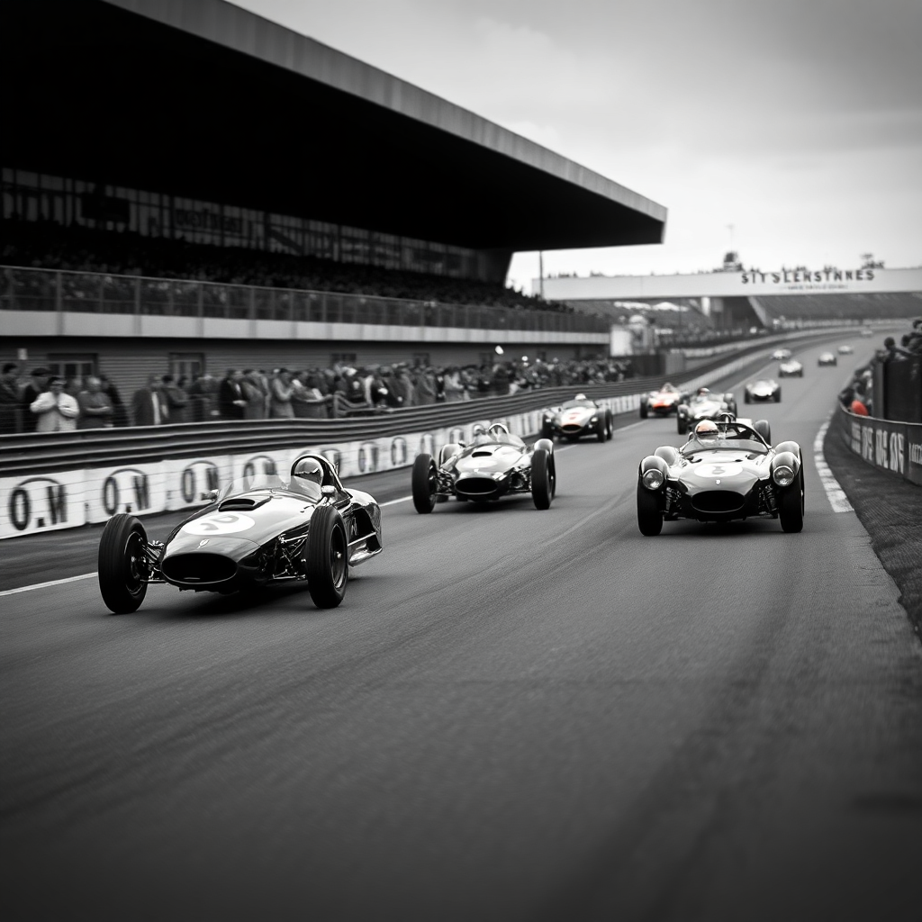 Silverstone Classic motor racing festival, vintage 1960s racing cars on track, extreme wide angle, e