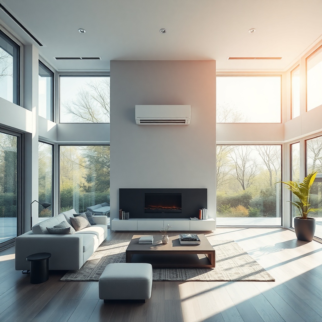 Cinematic wide shot of a luxury modern living room with large windows, a sleek white Baleag Coolzy c