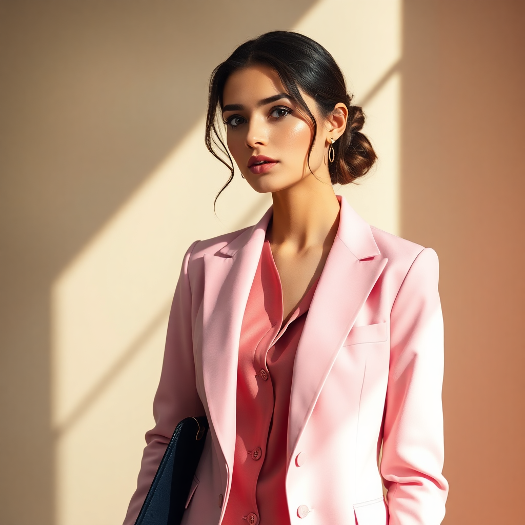 woman wearing structured pastel blazer elegant work fashion editorial photography soft warm tones