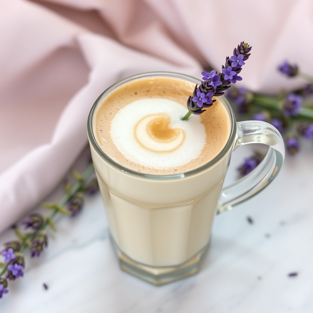 lavender moon latte seasonal special drink with purple lavender flowers garnish aesthetic