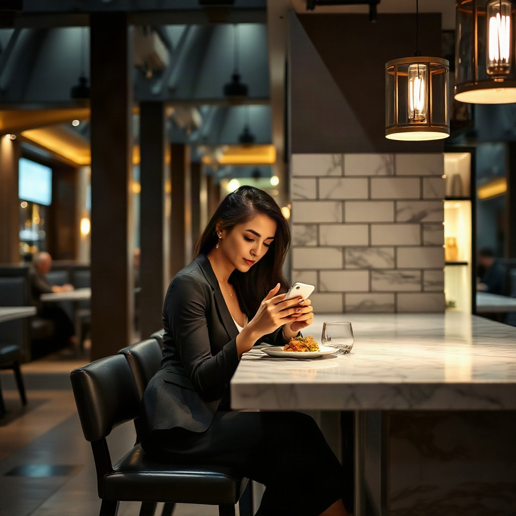 elegant woman dining alone at a marble counter, looking at her phone, sophisticated urban vibe