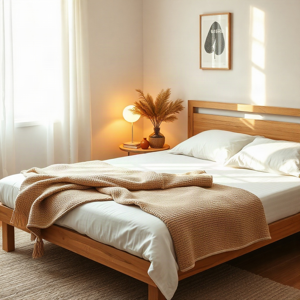 warm cozy home wellness scene with heated mattress and blanket, soft amber morning light