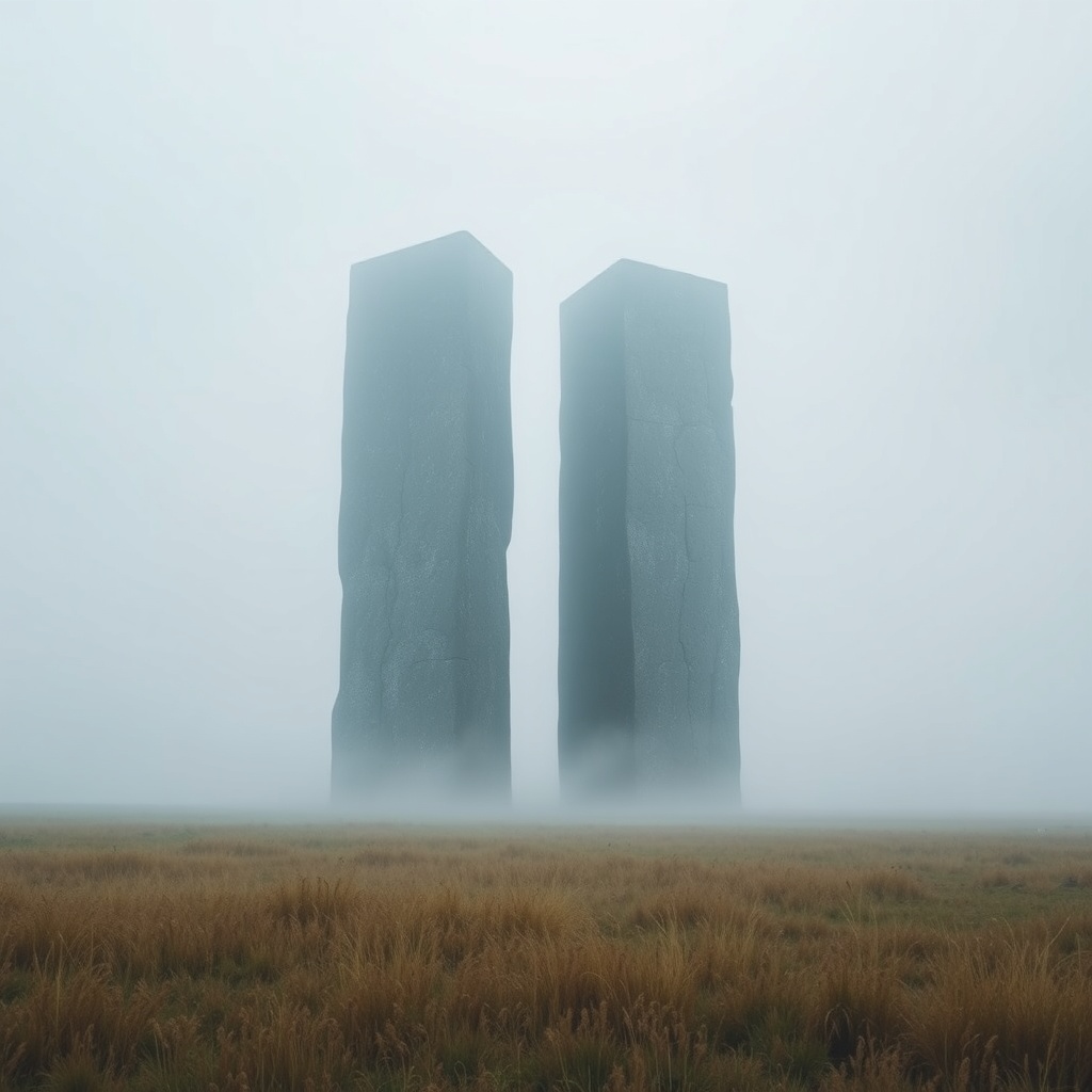 surreal monolithic sculpture in a misty field, futuristic brutalist art