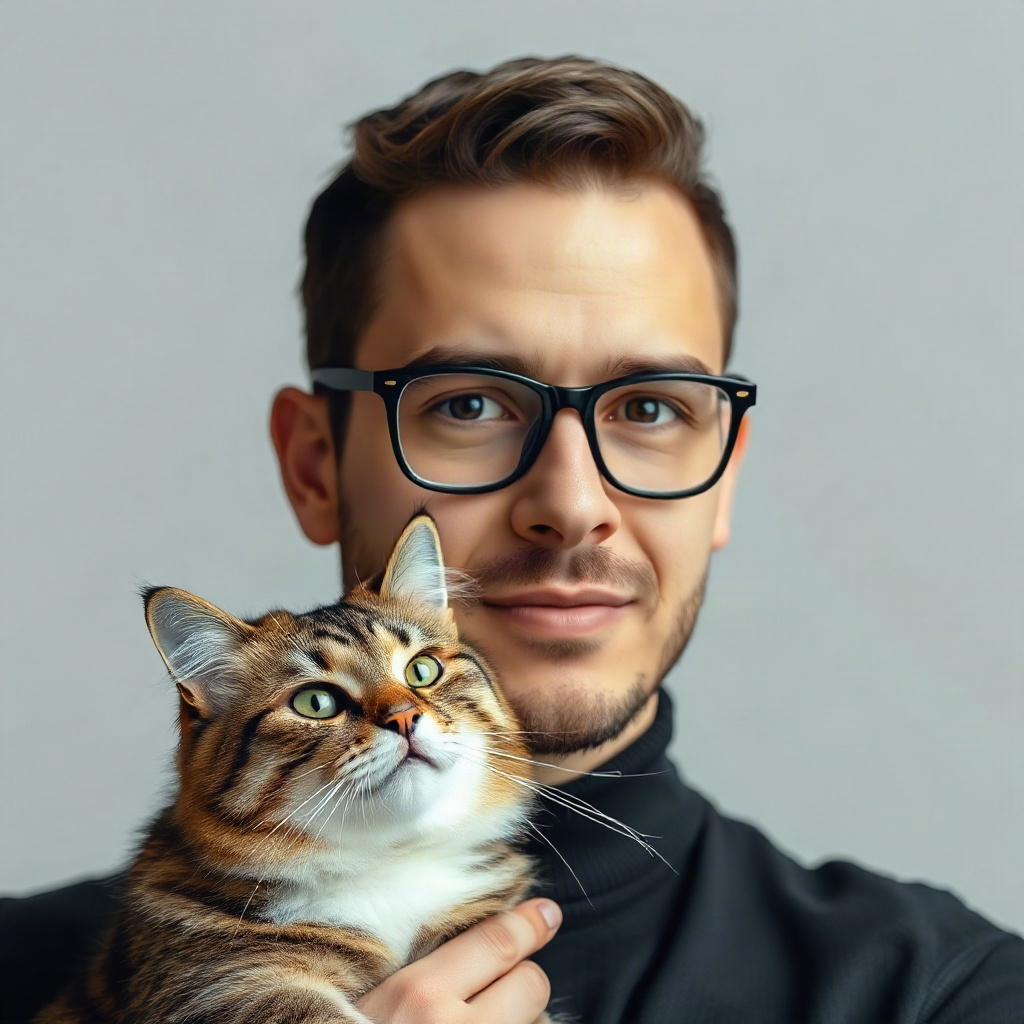 professional studio portrait of a man in glasses with a cat, minimalist neutral background, high-end