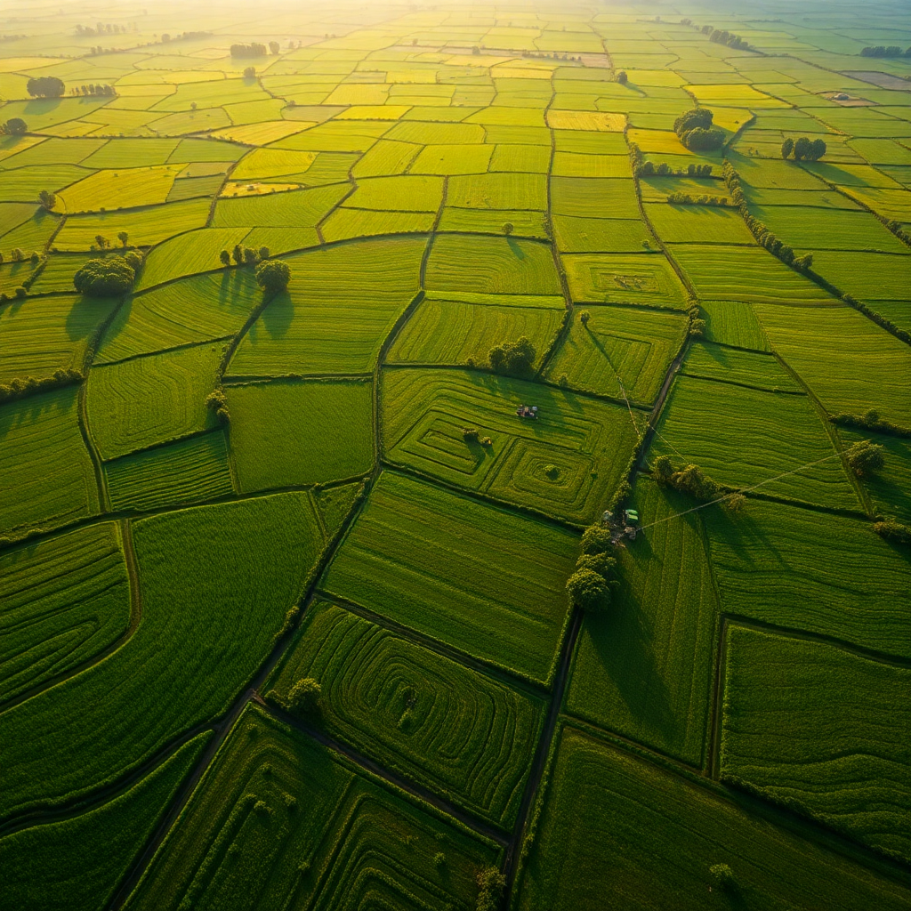 Aerial drone photograph of lush Indian farmland, patchwork of green paddy fields