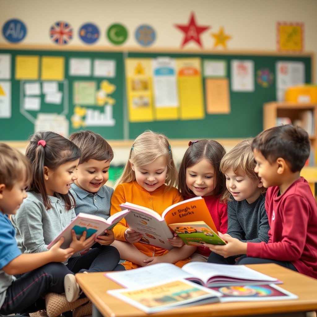 group of primary school children reading books together with a teacher, cheerful classroom atmospher
