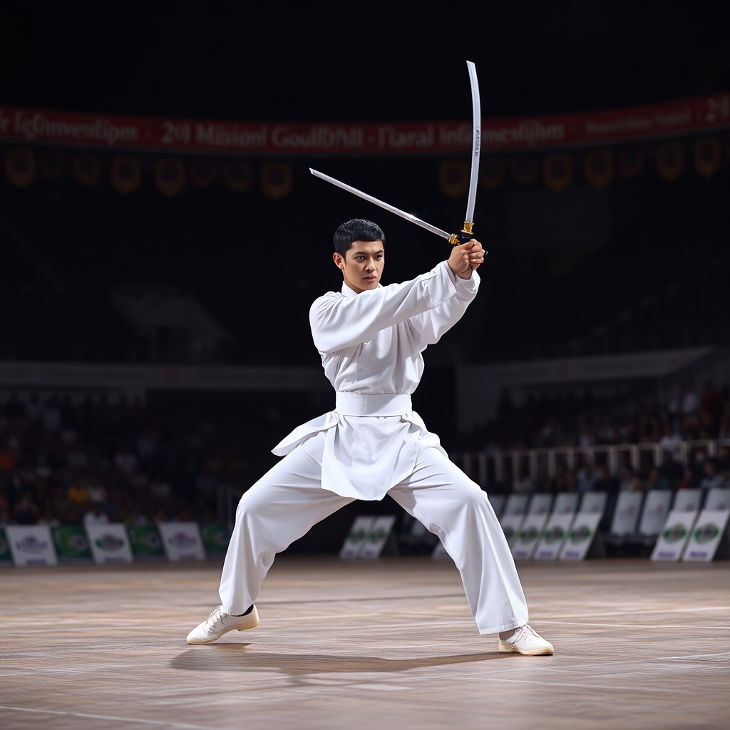 professional wushu martial arts athlete in white uniform performing sword form at state championship