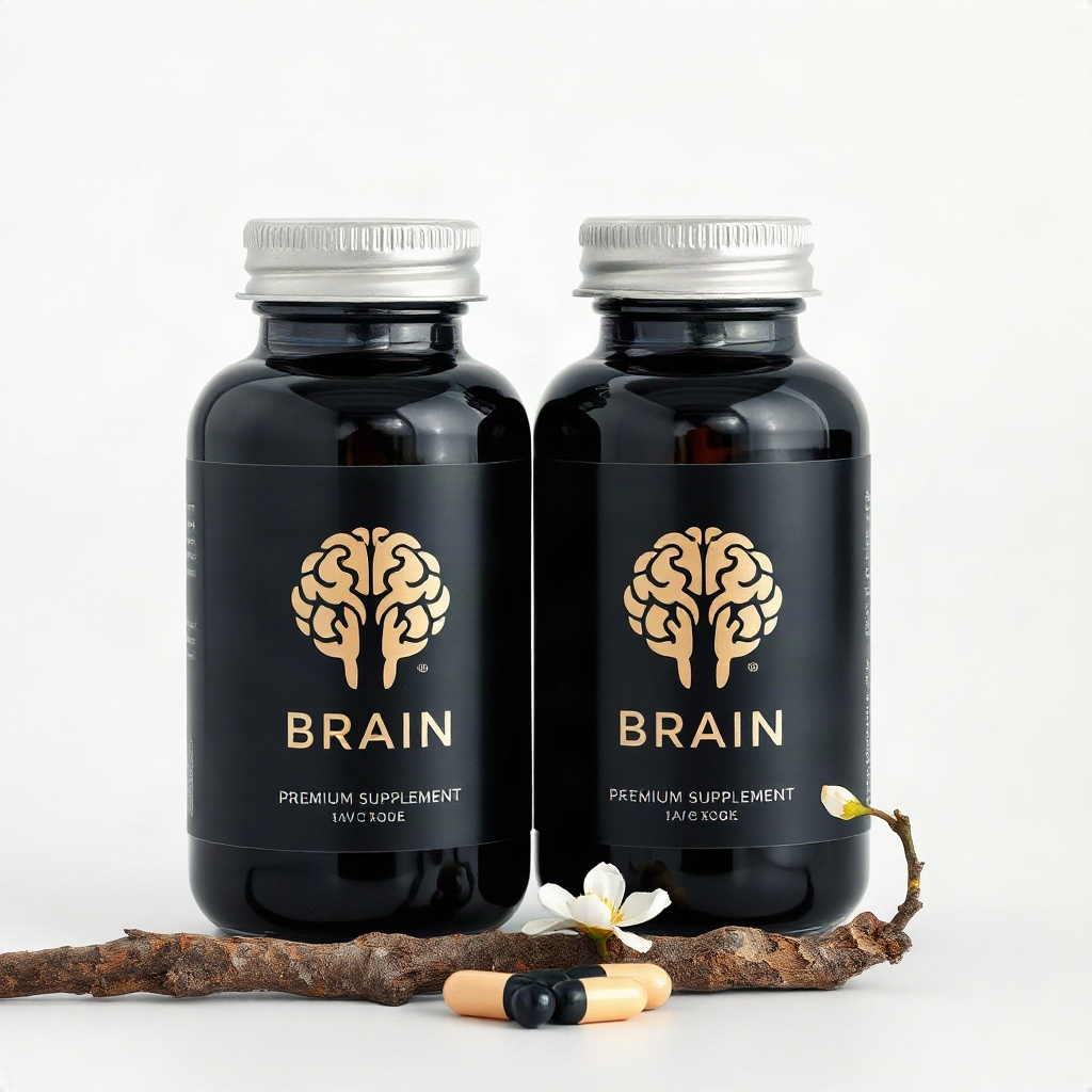 two premium dark navy and silver supplement capsule bottles
