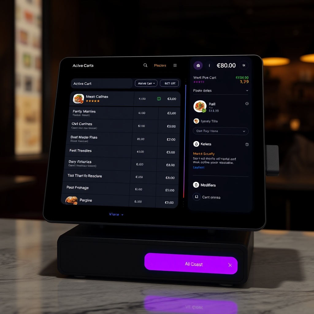 Full-width high-end screenshot of a dark restaurant POS checkout interface with a grid of menu items