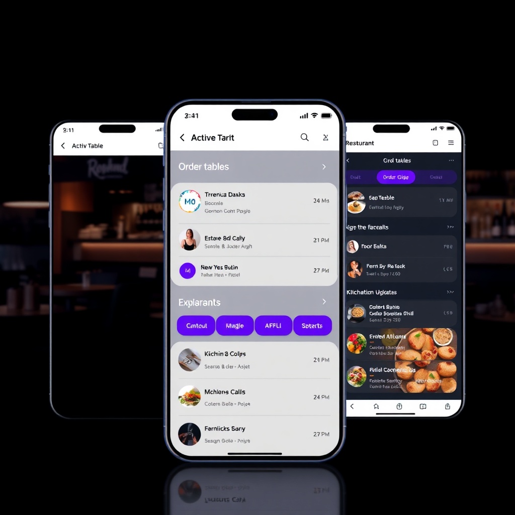 Full-width high-end screenshot of a dark restaurant tablet app for waiters showing active tables, or