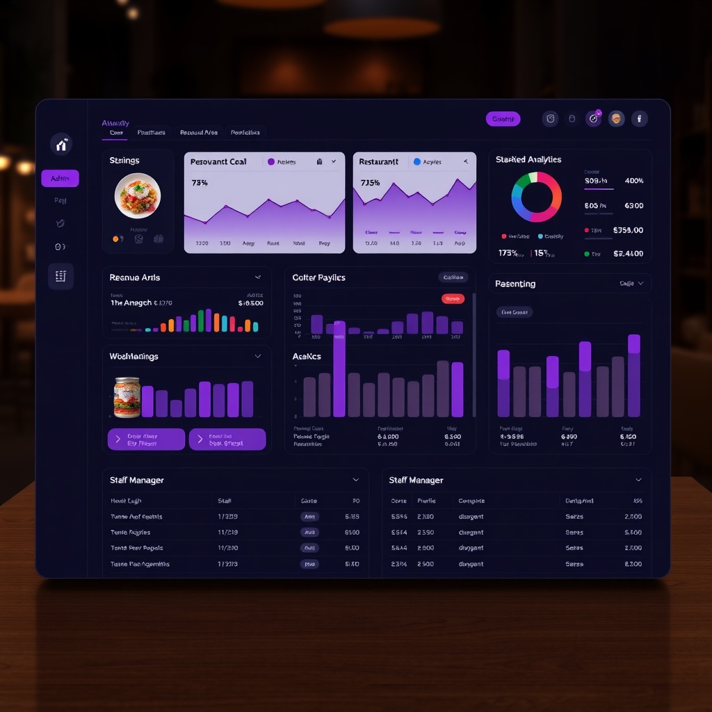 Full-width high-end screenshot of a dark-themed restaurant admin dashboard with detailed analytics, 