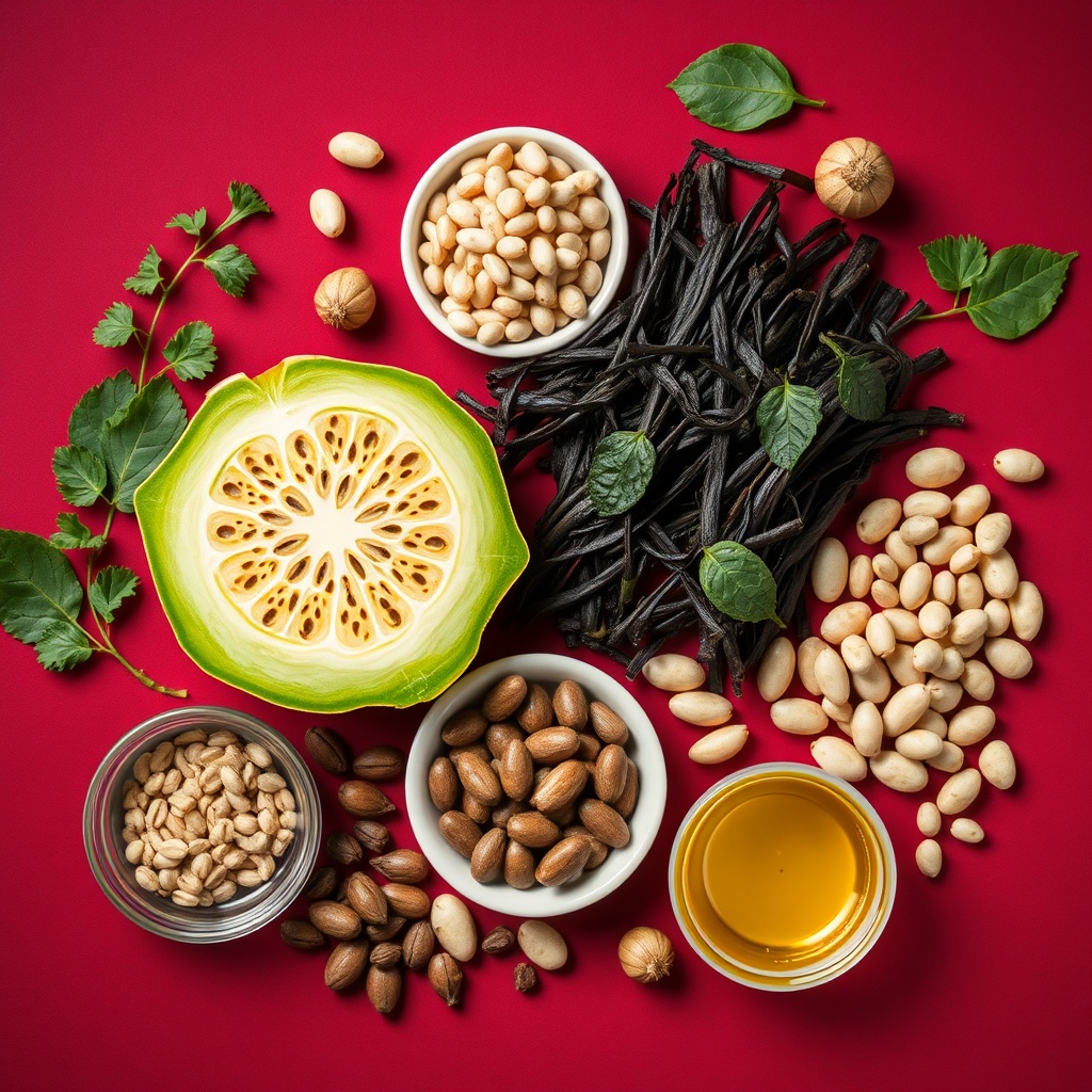 flat lay of natural herbal ingredients including bitter melon, seaweed, kidney beans, vitamins and b