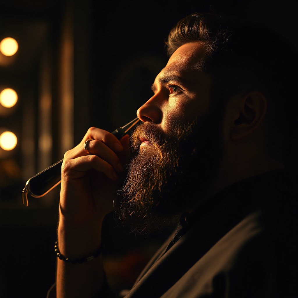 cinematic dark moody portrait of a master barber styling a man's beard in a premium barbershop, warm