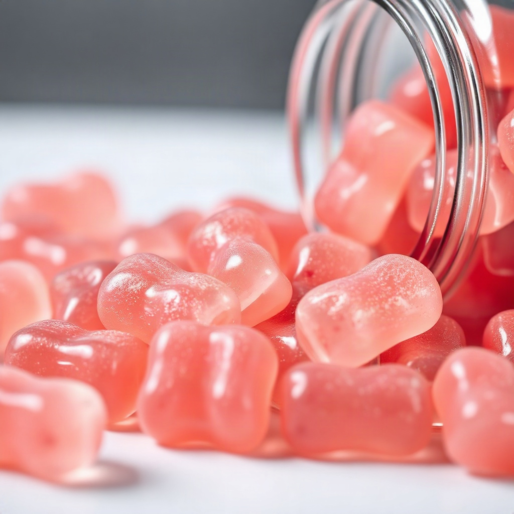 close-up macro photo of glossy pink berry-flavored vitamin gummy candies spilling from a jar, fresh 