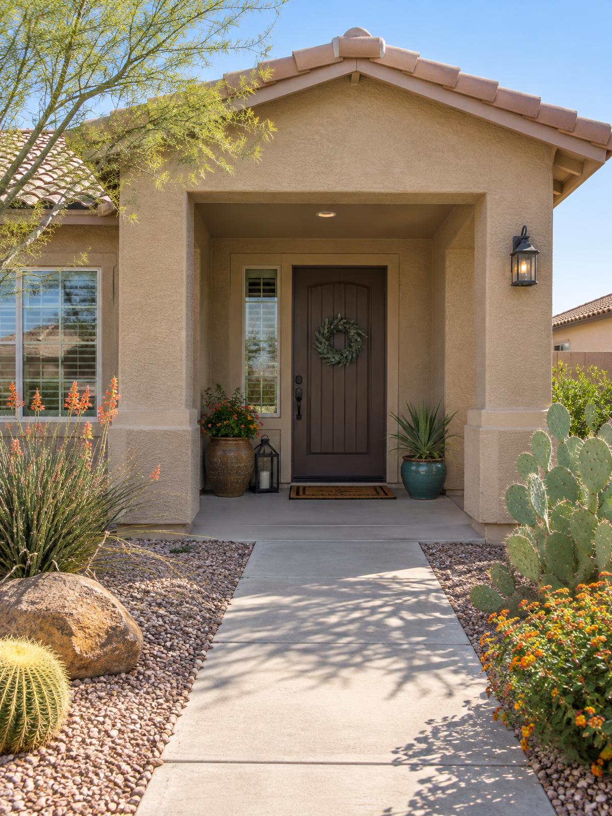 The front entrance of a welcoming single-story residential home with a covered porch and desert landscaping