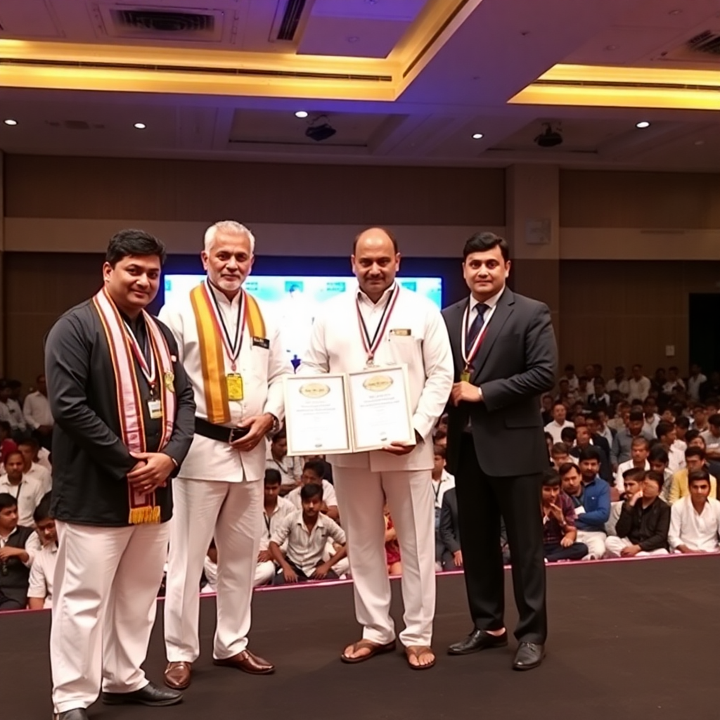 Gujarat state martial arts championship award ceremony stage decorated official government event hal