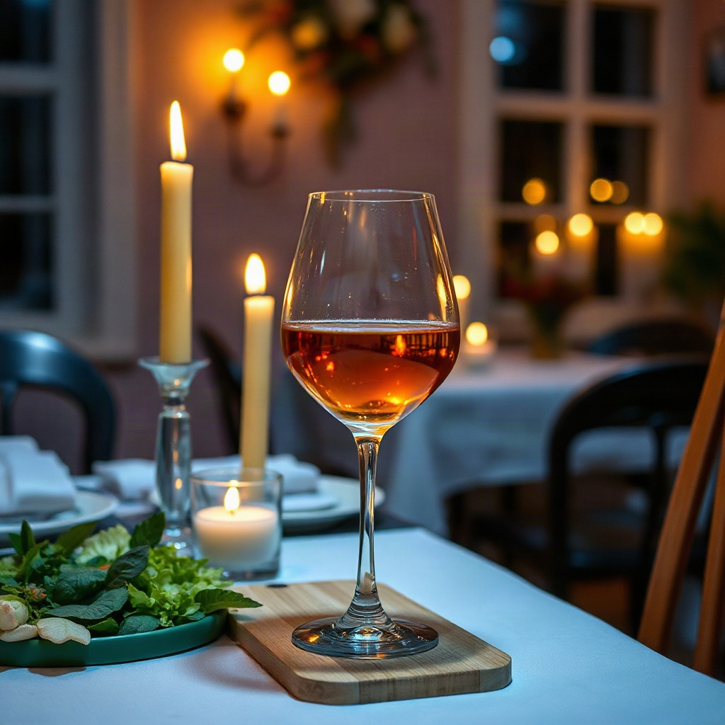 glass of natural orange wine beside a candlelit vegan dinner table, warm intimate atmosphere