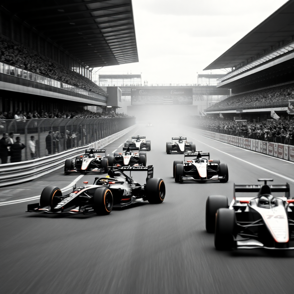 British Grand Prix Silverstone Formula 1 race cars on track dramatic speed blur British crowd, edito