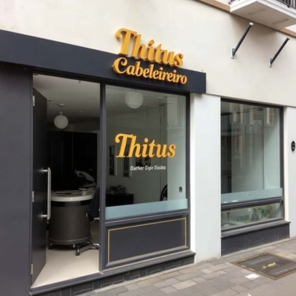 exterior photo of a clean professional barbershop with a gold and black sign 'Thitus Cabeleireiro' v